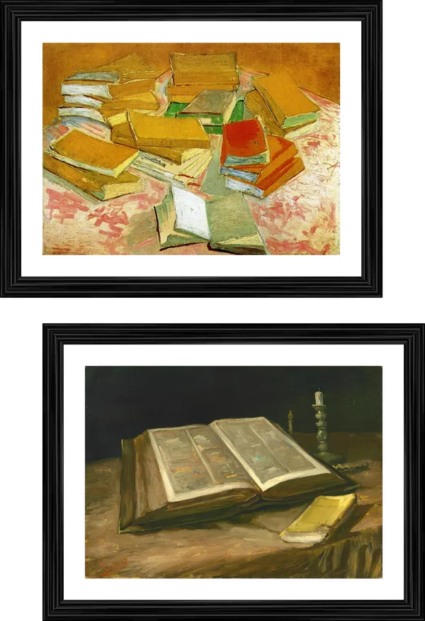 �Piles_of_French_Novels_&_Still_Life_with_Bible_,_Paintings_by_Van_Gogh,_Framed,_Set_of_2,_Multicolor