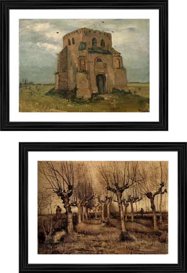 �Old_Church_Tower_at_Nuenen_&_Pollard_Birches_,_Paintings_by_Van_Gogh,_Framed,_Set_of_2,_Multicolor