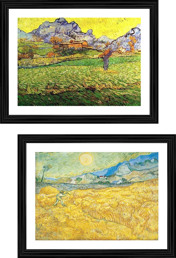 �Meadow_in_the_Mountains,_Wheatfield_&_a_Reaper,_Paintings_by_Van_Gogh,_Framed,_Set_of_2,_Multicolor