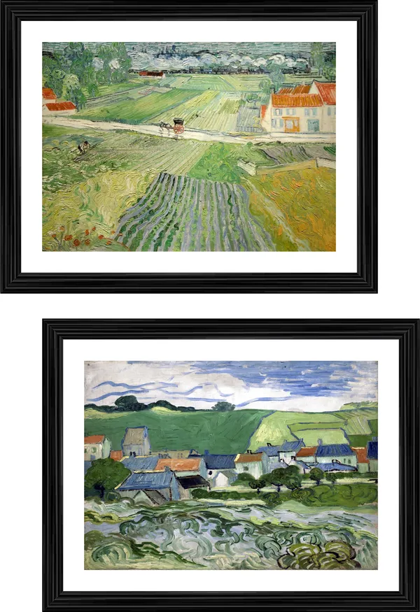 �Train_in_the_Rains_at_Auvers_&_View_of_Auvers_,_Paintings_by_Van_Gogh,_Framed,_Set_of_2,_Multicolor