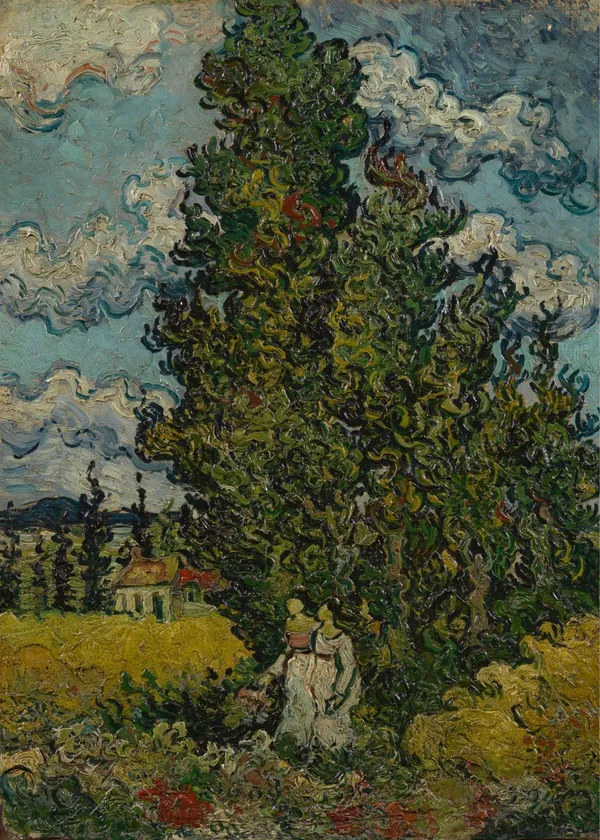 Cypresses_and_Two_Women_(1890),_A_Painting_by_Van_Gogh,_Unframed_Canvas_Print,_Multicolor