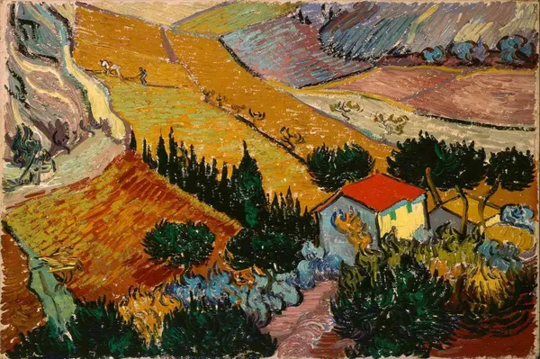 FarmHouse_and_Ploughman_(1889),_A_Painting_by_Van_Gogh,_Unframed_Canvas_Print,_Multicolor
