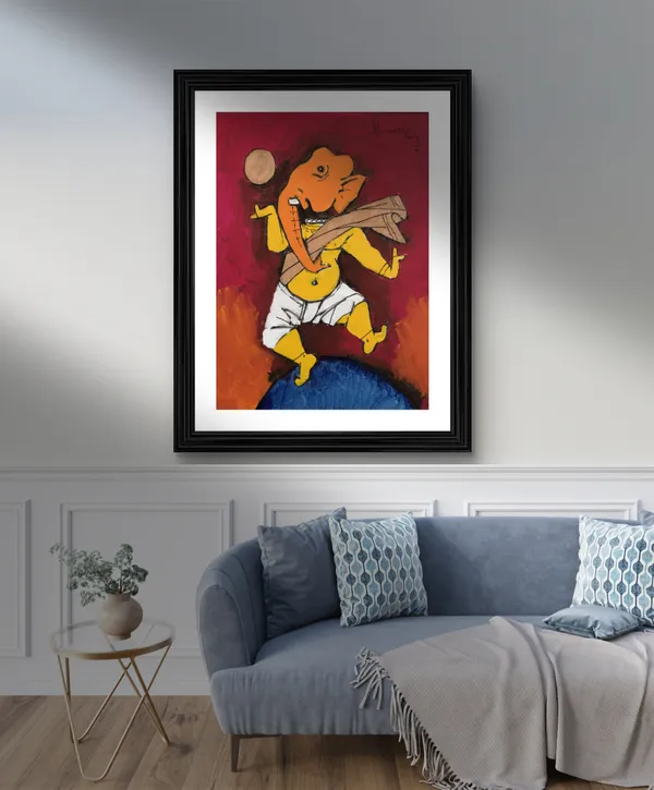 Ganesh_and_Veena*_&_*Ganesh_and_the_Moon*-Set_of_2_Paintings_by_M.F._Husain,_Framed,_Wall_Decor,_Multicolor