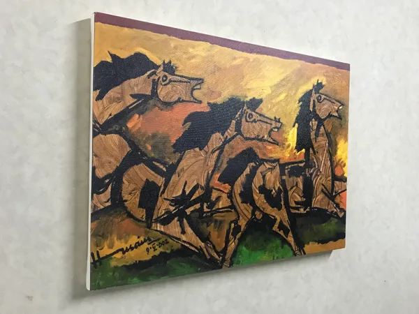Three_Horses*-Set_of_2_Paintings_by_M.F._Husain,_Framed_Canvas,_Wall_Decor,_Multicolor