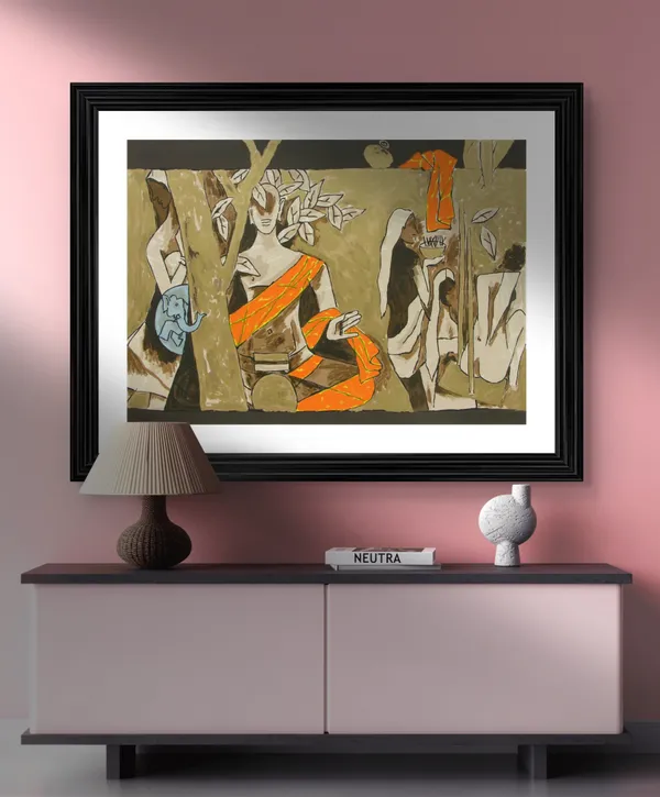Buddha_&_Tree_of_Knowledge-_M.F._Husain's_Painting,_Framed,_Wall_Decor,_Multicolor