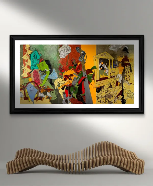 3_Dynasties*_&_*Tribhang*-_India_Series_Paintings_by_M.F._Husain,_Set_of_2,_Framed,_Wall_Decor,_Multicolor