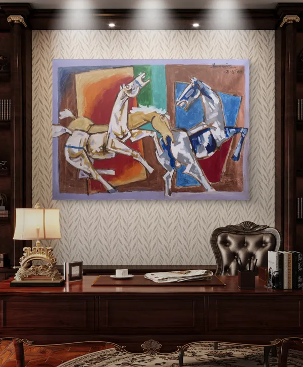 Horses_and_Battles*-Set_of_2_Paintings_by_M.F._Husain,_Framed_Canvas,_Wall_Decor,_Multicolor