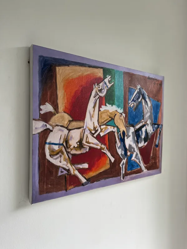 Horses_and_Battles*-Set_of_2_Paintings_by_M.F._Husain,_Framed_Canvas,_Wall_Decor,_Multicolor