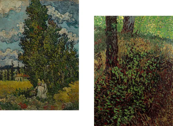 Cypresses_and_Women_&_Undergrowth,_Paintings_by_Van_Gogh,_Framed_Canvas,_Set_of_2,_Multicolor