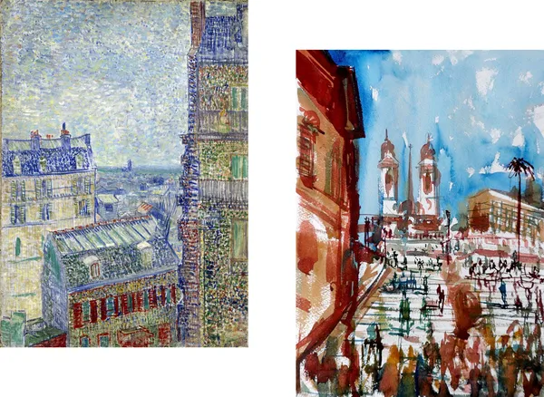 View_From_Theo's_Home_&_Spanish_Steps_in_Rome,_Paintings_by_Van_Gogh,_Framed_Canvas,_Set_of_2,_Multicolor
