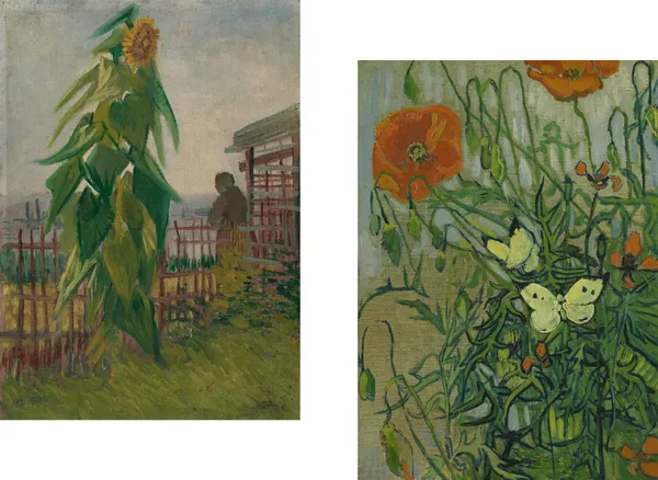 Sunflower_&_Butterflies_with_Poppies,_Paintings_by_Van_Gogh,_Framed_Canvas,_Set_of_2,_Multicolor