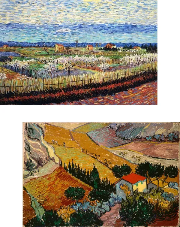 �Peach_Trees_in_Blossom_&_A_Farmhouse,_Paintings_by_Van_Gogh,_Framed_Canvas,_Set_of_2,_Multicolor