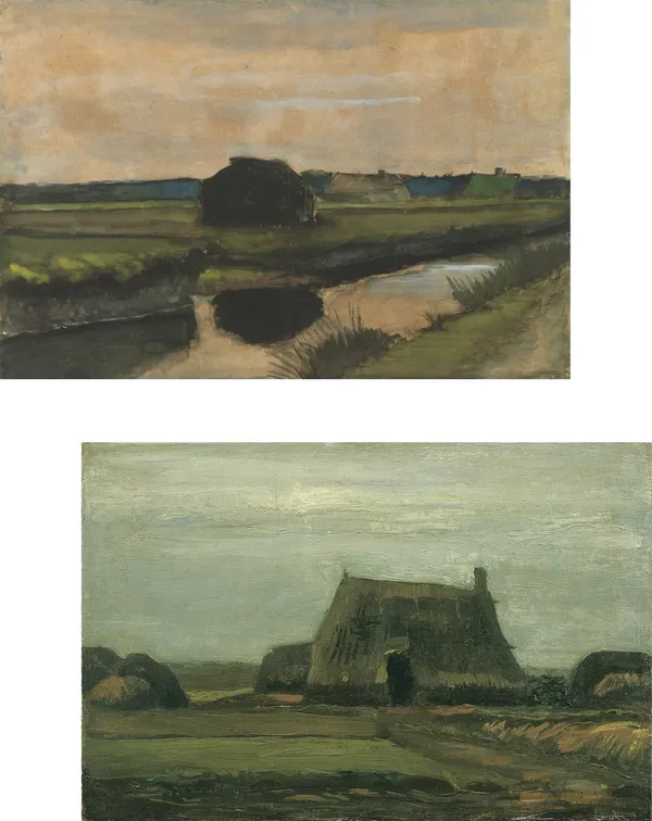 �Farmhouses_&_Farm_with_Stacks_of_Peat,_Paintings_by_Van_Gogh,_Framed_Canvas,_Set_of_2,_Multicolor