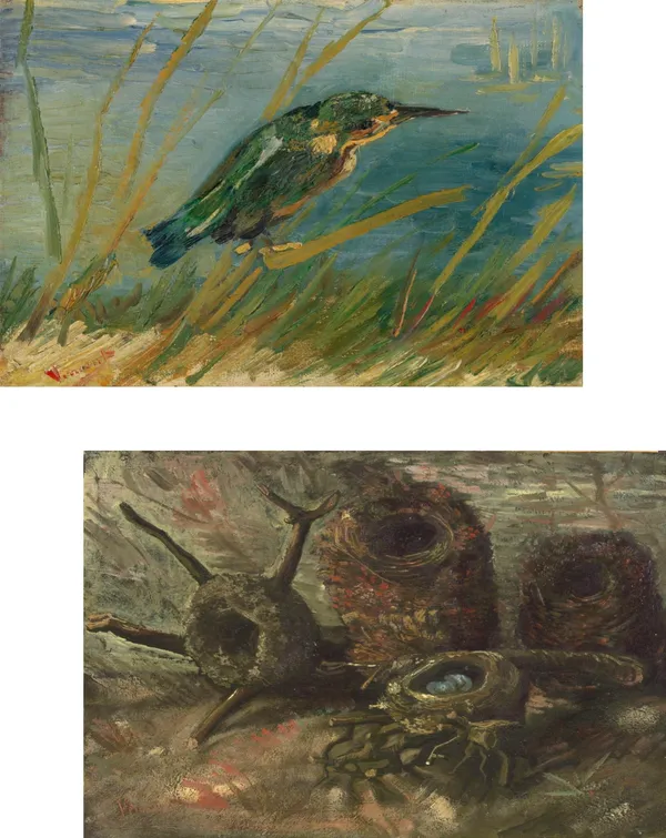 �Kingfisher_by_the_Waterside_&_Birds_Nests,_Paintings_by_Van_Gogh,_Framed_Canvas,_Set_of_2,_Multicolor