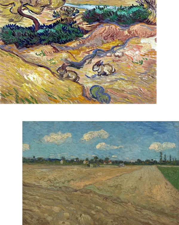�Landscape_with_Rabbits_&_Ploughed_Fields,_Paintings_by_Van_Gogh,_Framed_Canvas,_Set_of_2,_Multicolor