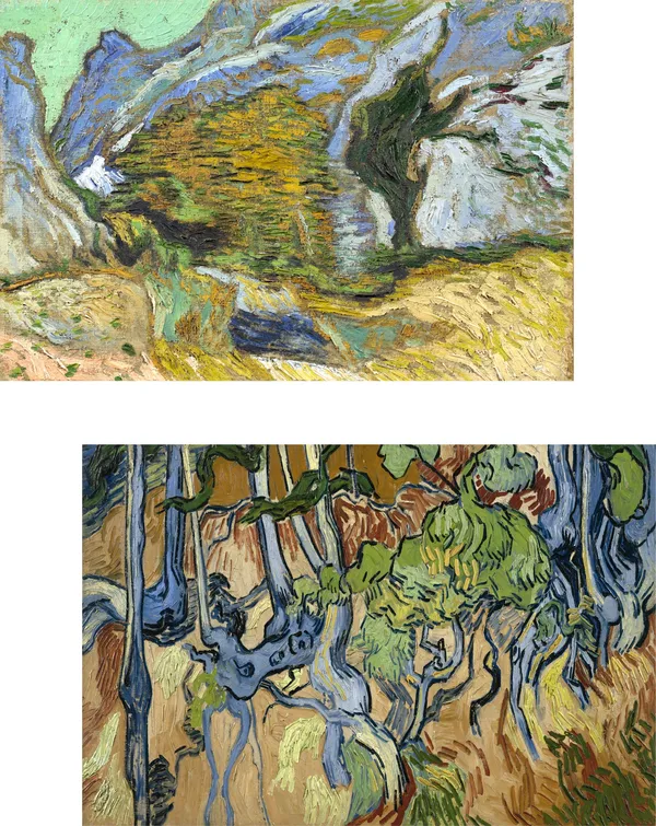 �Ravine_with_A_Small_Stream_&_Tree_Roots,_Paintings_by_Van_Gogh,_Framed_Canvas,_Set_of_2,_Multicolor