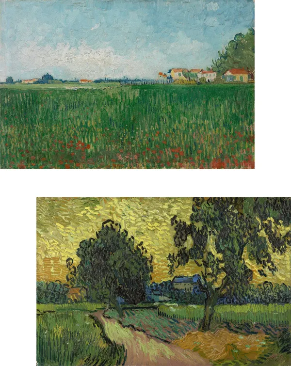 �Field_with_Poppies_&_Landscape_at_Twilight,_Paintings_by_Van_Gogh,_Framed_Canvas,_Set_of_2,_Multicolor