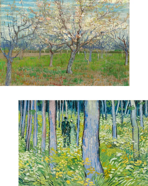 �The_Pink_Orchard_&_Two_Lovers_&_Undergrowth,Paintings_by_Van_Gogh,_Framed_Canvas,_Set_of_2,_Multicolor