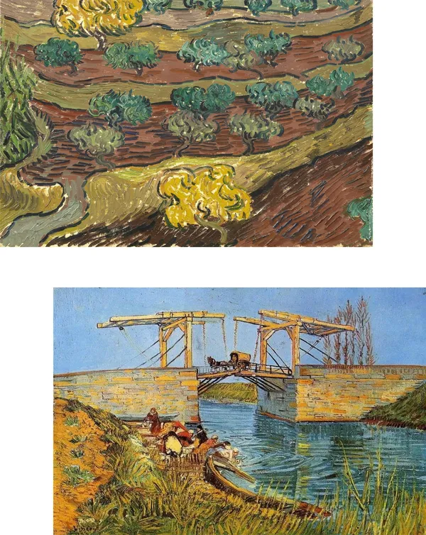 �Olive_Trees_on_HIlls_&_Langlois_Bridge_at_Arles,_Paintings_by_Van_Gogh,_Framed_Canvas,_Set_of_2,_Multicolor