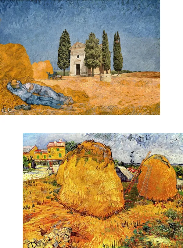 �A_Couple_at_Chapel_&_Haystacks_in_Provence,_Paintings_by_Van_Gogh,_Framed_Canvas,_Set_of_2,_Multicolor