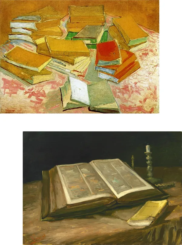 �Piles_of_French_Novels_&_Still_Life_with_Bible,_Paintings_by_Van_Gogh,_Framed_Canvas,_Set_of_2,_Multicolor