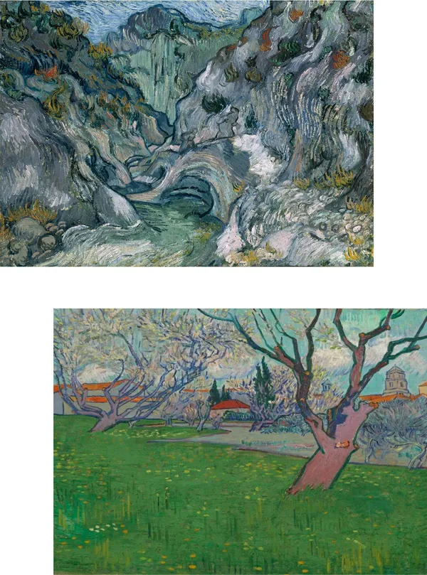 �Ravine_&_Orchards_in_Blossom,_Paintings_by_Van_Gogh,_Framed_Canvas,_Set_of_2,_Multicolor