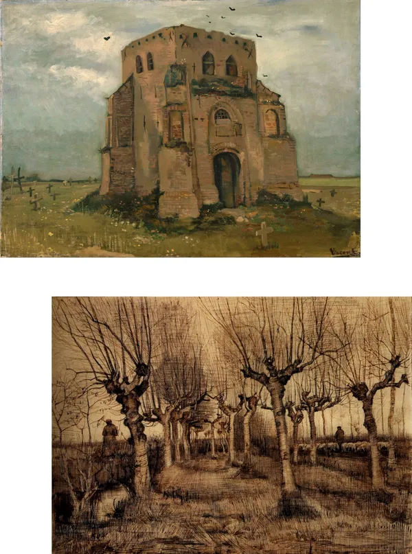 �Old_Church_Tower_at_Nuenen_&_Pollard_Birches,_Paintings_by_Van_Gogh,_Framed_Canvas,_Set_of_2,_Multicolor