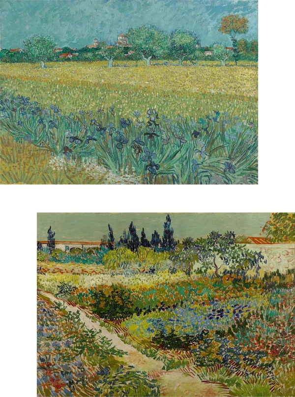 �Field_with_Irises_&_Garden_at_Arles,_Paintings_by_Van_Gogh,_Framed_Canvas,_Set_of_2,_Multicolor
