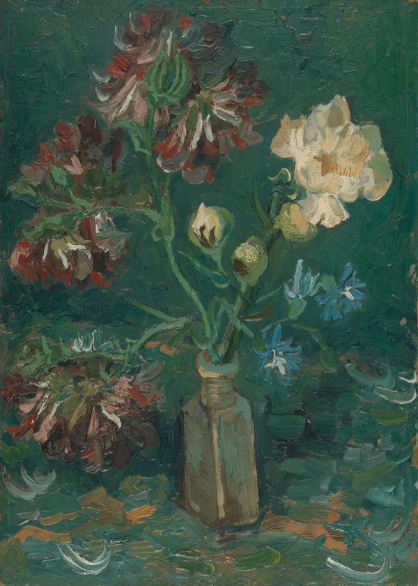 Vase_with_Peonies_and_Blue_Delphiniums_1886,_A_Painting_by_Van_Gogh,_Framed_Canvas,_Multicolor