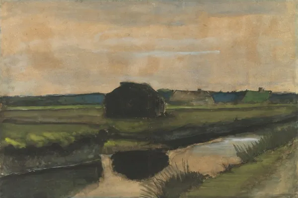 Stack_of_Peat_and_Farmhouses_1883,_A_Painting_by_Van_Gogh,_Framed_Canvas,_Wall_Decor,_Multicolor