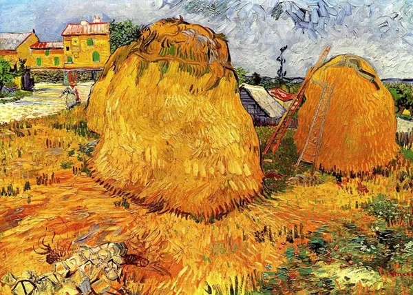 Haystacks_in_Provence_1888,_A_Painting_by_Van_Gogh,_Framed_Canvas,_Wall_Decor,_Multicolor