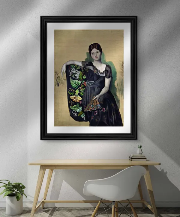 Olga_in_the_Chair_1920,_A_Painting_by_Pablo_Picasso,_Framed,_Wall_Decor,_Multicolor