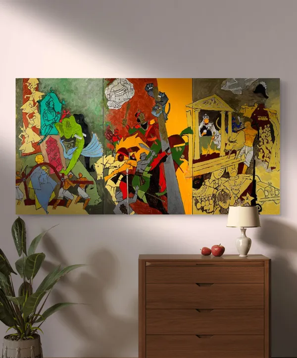 3_Dynasties*_&_*Tribhang*-_India_Series_Paintings_by_M.F._Husain,_Set_of_2,_Framed_Canvas,_Wall_Decor,_Multicolor