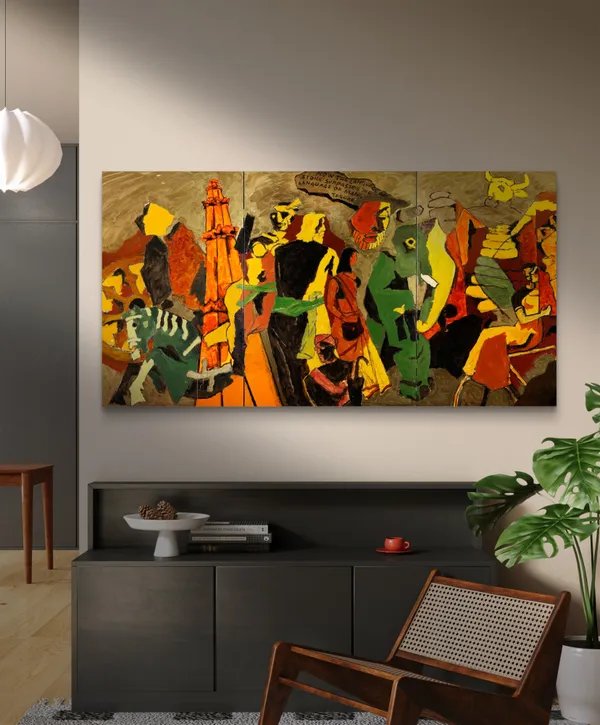 3_Dynasties*_&_*Tribhang*-_India_Series_Paintings_by_M.F._Husain,_Set_of_2,_Framed_Canvas,_Wall_Decor,_Multicolor