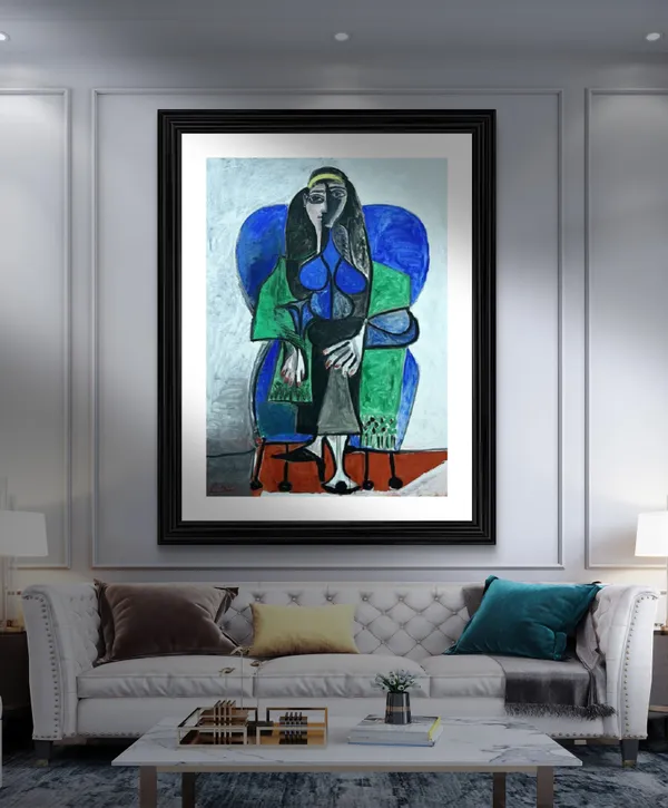 Seated_Woman_with_Green_Shawl_1960,_A_Painting_by_Pablo_Picasso,_Framed,_Wall_Decor,_Multicolor