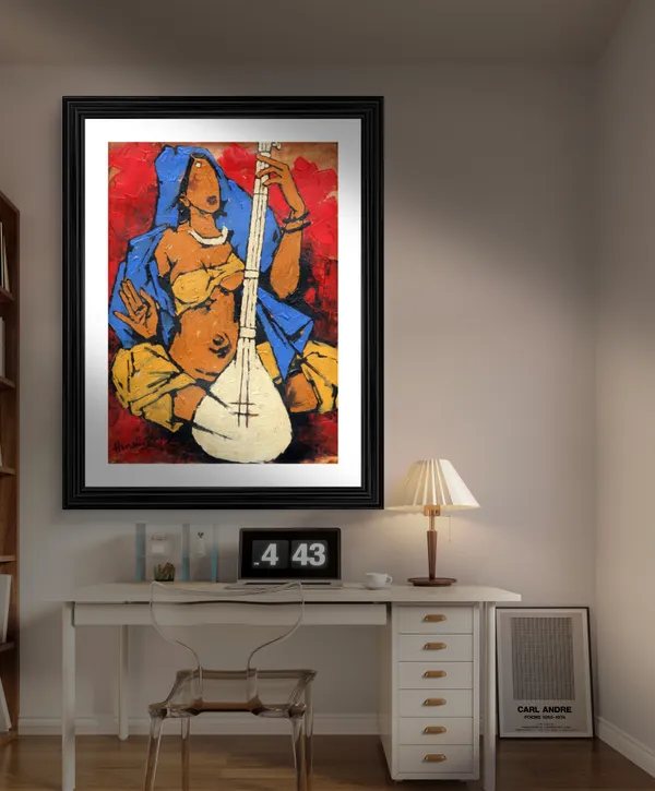 Lady_with_Sitar*_&_*Lady_with_Veena*-Set_of_2_Paintings_by_M.F._Husain,_Framed,_Wall_Decor,_Multicolor