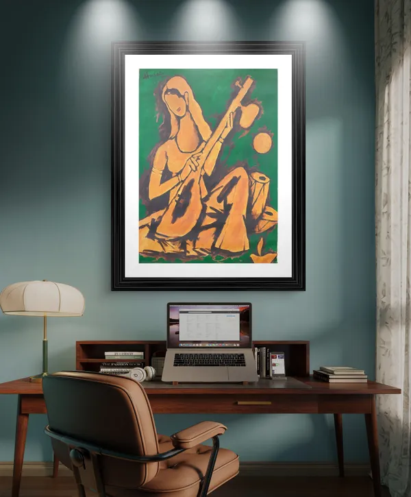Lady_with_Sitar*_&_*Lady_with_Veena*-Set_of_2_Paintings_by_M.F._Husain,_Framed,_Wall_Decor,_Multicolor