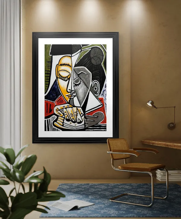 Woman_Reading_and_Art_1953,_A_Painting_by_Pablo_Picasso,_Framed,_Wall_Decor,_Multicolor