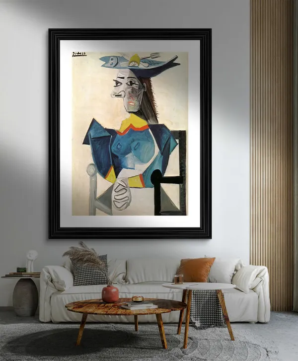 Woman_in_A_Fish_Hat_1942,_A_Painting_by_Pablo_Picasso,_Framed,_Wall_Decor,_Multicolor