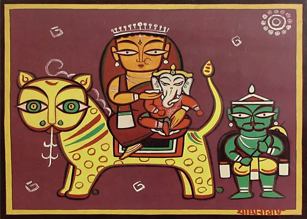 Parvati-Ganesh_on_'Vaahan'*,_A_Painting_by_Jamini_Roy,_Unframed_Canvas_Print,_Multicolor