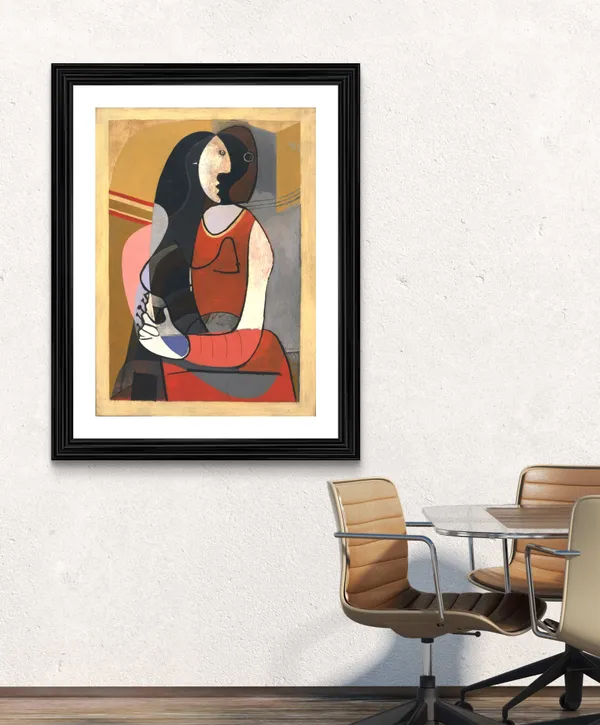 Seated_Woman,_1923,_A_Painting_by_Pablo_Picasso,_Framed,_Wall_Decor,_Multicolor