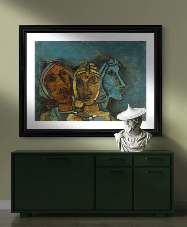 Three_Ladies*_(1963)_&_Buddha-Set_of_2_Paintings_by_M.F._Husain,_Framed,_Wall_Decor,_Multicolor