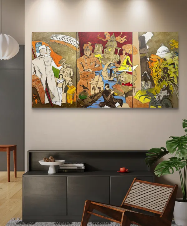 Tale_of_3_Cities_(India_Series_Paintings)-_M.F._Husain's_Painting,_Framed_Canvas,_Wall_Decor,_Multicolor