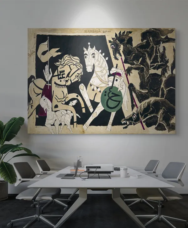 Five_Horses_and_the_Battle-_M.F._Husain's_Painting,_Framed_Canvas,_Wall_Decor,_Multicolor