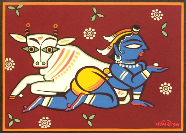 Bal-Krishna_and_Cow*,_A_Painting_by_Jamini_Roy,_Unframed_Canvas_Print,_Multicolor