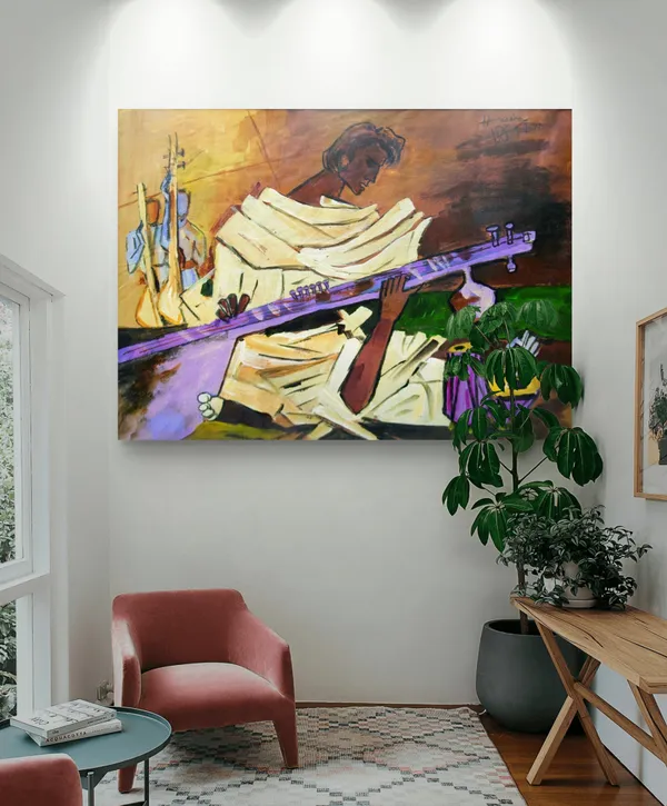 Sitar_Players*-Set_of_2_Paintings_by_M.F._Husain,_Framed_Canvas,_Wall_Decor,_Multicolor