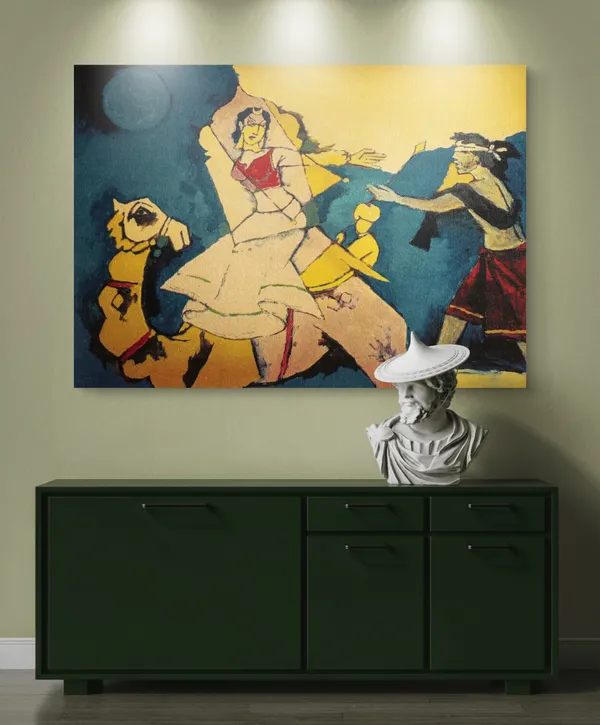 Radha-Krishna*_&_*Laila-Majnu_and_Camel*-Set_of_2_Paintings_by_M.F._Husain,_Framed_Canvas,_Wall_Decor,_Multicolor