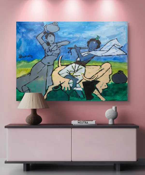 Radha-Krishna*_&_*Laila-Majnu_and_Camel*-Set_of_2_Paintings_by_M.F._Husain,_Framed_Canvas,_Wall_Decor,_Multicolor