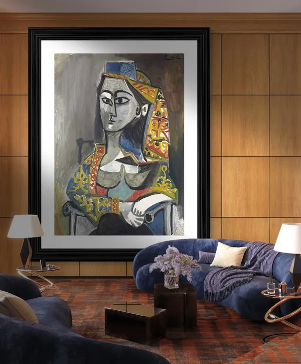 Woman_in_Turkish_Costume_in_A_Chair_1955,_A_Painting_by_Pablo_Picasso,_Framed,_Wall_Decor,_Multicolor