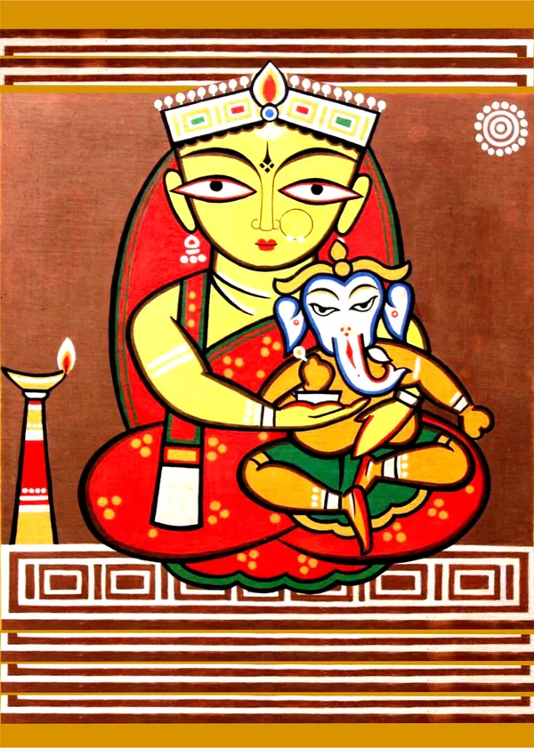 Ganesh-Parvati*,_A_Painting_by_Jamini_Roy,_Unframed_Canvas_Print,_Multicolor